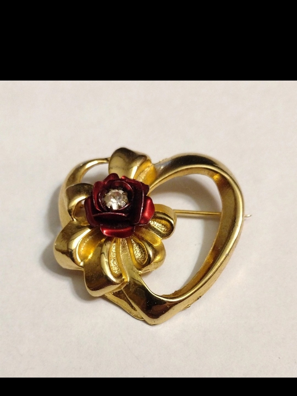 Vintage Heart Flower Brooch Gold Tone Red Sculptured Rose Clear Rhinestone Pin